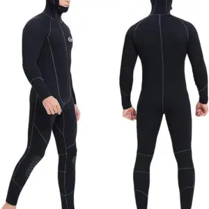Two views of black wetsuit