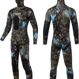 Camo-patterned wetsuit front and back view