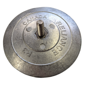 Metallic circular object with central bolt