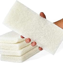 White scrub pads in hand.